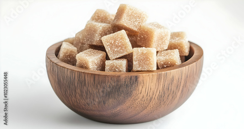 Brown sugar cubes in a wooden bowl on a white background.