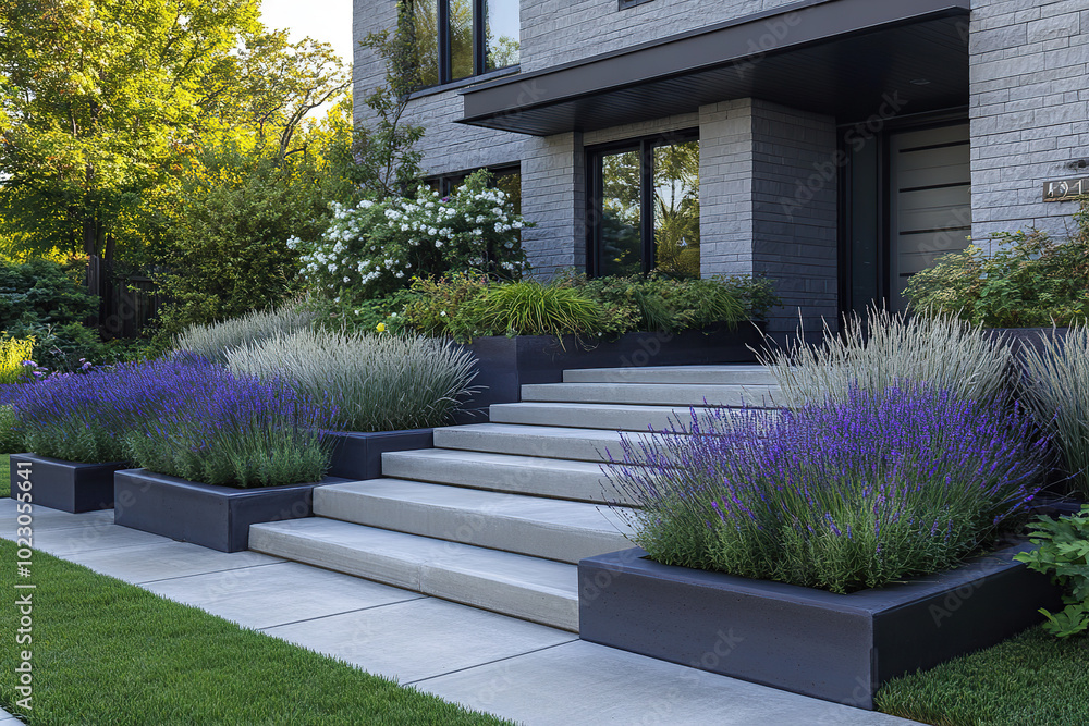 Naklejka premium A stunning modern front yard garden design, sleek landscaping, vibrant plants, and stylish outdoor decor enhance the home's curb appeal and create an inviting atmosphere.