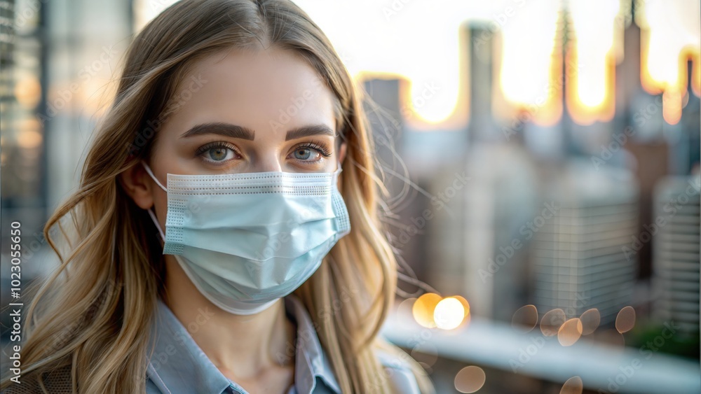 blue eyes Young Woman in Mask Against City Skyline blue eyes Young Woman in Mask Against City Skyline