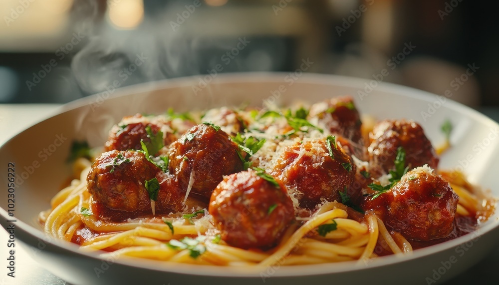 Appetizing spaghetti with meatballs in rich tomato sauce served steaming in a cozy kitchen Appetizing spaghetti with meatballs in rich tomato sauce served steaming in a cozy kitchen