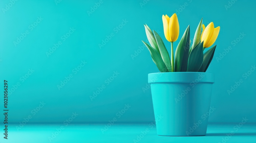 Bright Yellow Tulips in a Vibrant Turquoise Pot Bright Yellow Tulips in a Vibrant Turquoise Pot