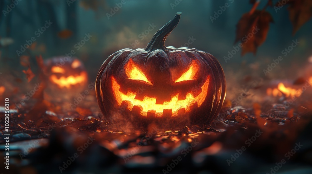 Evil pumpkin with glowing eyes for Halloween on dark background Evil pumpkin with glowing eyes for Halloween on dark background