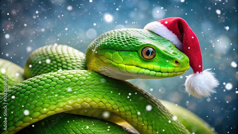 A joyful green snake in a Santa hat frolics in a flurry of snowflakes, radiating holiday spirit and merry wishes for a delightful Christmas season! A joyful green snake in a Santa hat frolics in a flurry of snowflakes, radiating holiday spirit and merry wishes for a delightful Christmas season!