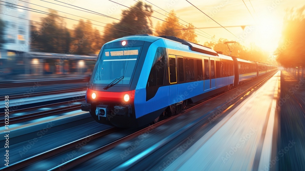 Naklejka premium Dynamic train in motion at sunset