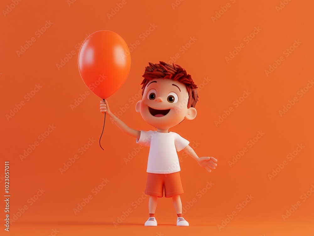 Happy Cartoon Boy Holding a Balloon in 3D Render Happy Cartoon Boy Holding a Balloon in 3D Render