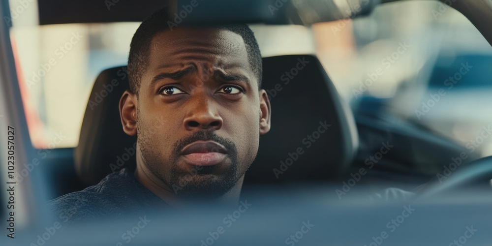 A close-up of an african driver sitting in their car with a frustrated expression