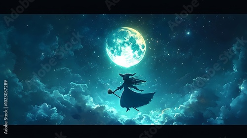 A cute cartoon-style witch flying on a broomstick, with a bright full moon in the background and sparkling stars scattered across the night sky. The witch’s hat is tilted,