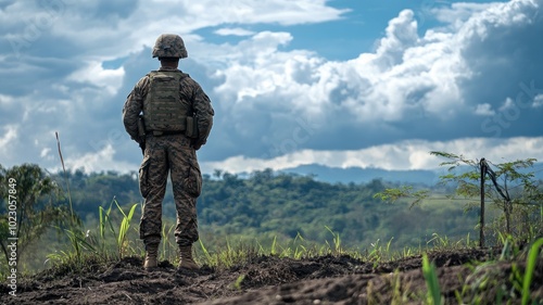 Soldier in full gear stands on hill overlooking lush landscape under cloudy skies