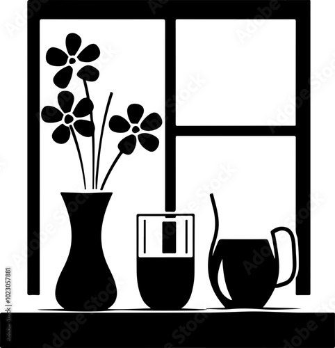 Vector Art of Flowers and Drinks in a Window Silhouette