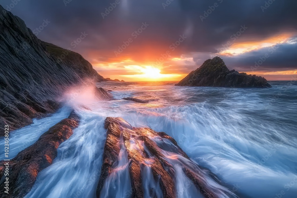 Naklejka premium Dramatic Sunset over Rocky Coastal Landscape