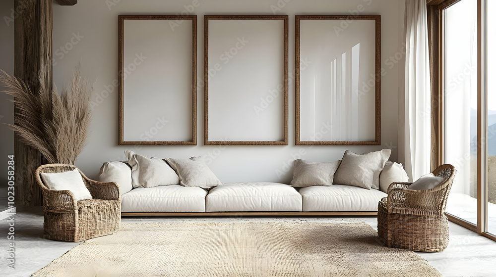Modern living room with natural elements and minimalist decor. Modern living room with natural elements and minimalist decor.