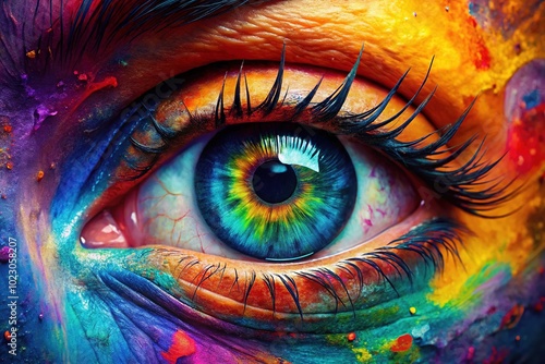 An artistic interpretation of the eye, combining vibrant hues and textured blends to create a striking visual experience that captures attention and stimulates the imagination.