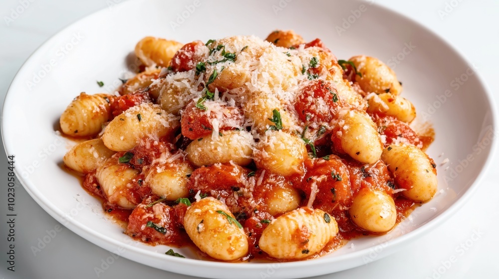 Plate of gnocchi pasta served with tomato sauce, garnished with grated cheese and fresh herbs Plate of gnocchi pasta served with tomato sauce, garnished with grated cheese and fresh herbs