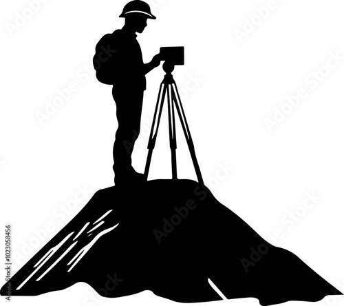Surveyor on Hilltop with Equipment in Vector Style