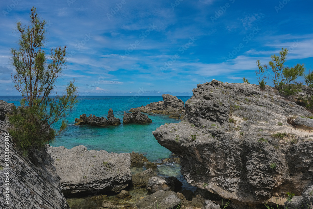 Fototapeta premium Tropical paradise Caribbean white sandy beach laguna luxury resort refuge hideaway getaway Bermuda island for deluxe dream holiday vacation picturesque landscape seascape scenery