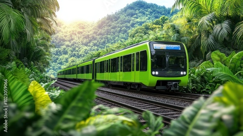 Eco-friendly train traveling through lush green jungle landscape