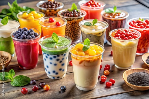 An eye-catching variety of bubble milk tea cups presents numerous flavors and toppings, illustrating the colorful essence of Taiwanâ€™s popular beverage culture.