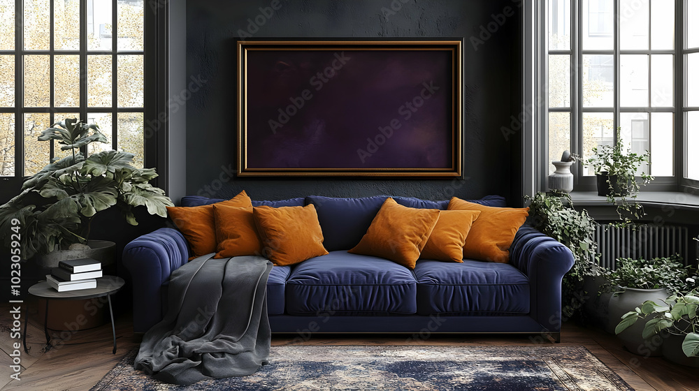 Cozy living room featuring a navy sofa and vibrant decor. Cozy living room featuring a navy sofa and vibrant decor.