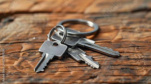 Closeup of three metal keys on a wooden surface.