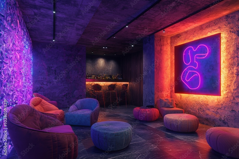 Vibrant Lounge Area with Neon Signage and Bold Colors Vibrant Lounge Area with Neon Signage and Bold Colors