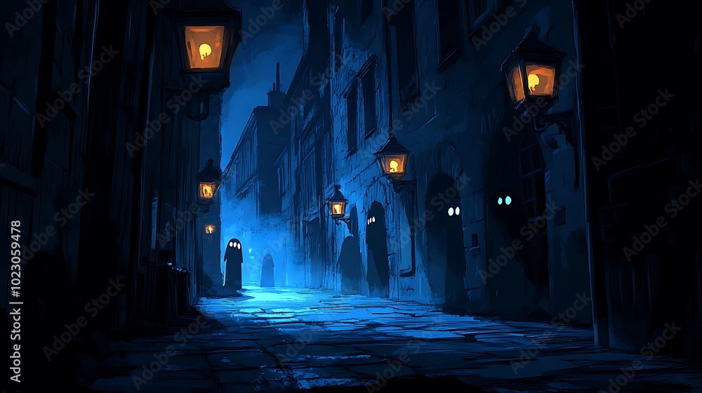 Fototapeta premium A dark cartoon-style alleyway, illuminated by flickering street lamps. Shadows move along the walls, and lurking figures with glowing eyes peek out from the corners. Fog rolls along the ground,