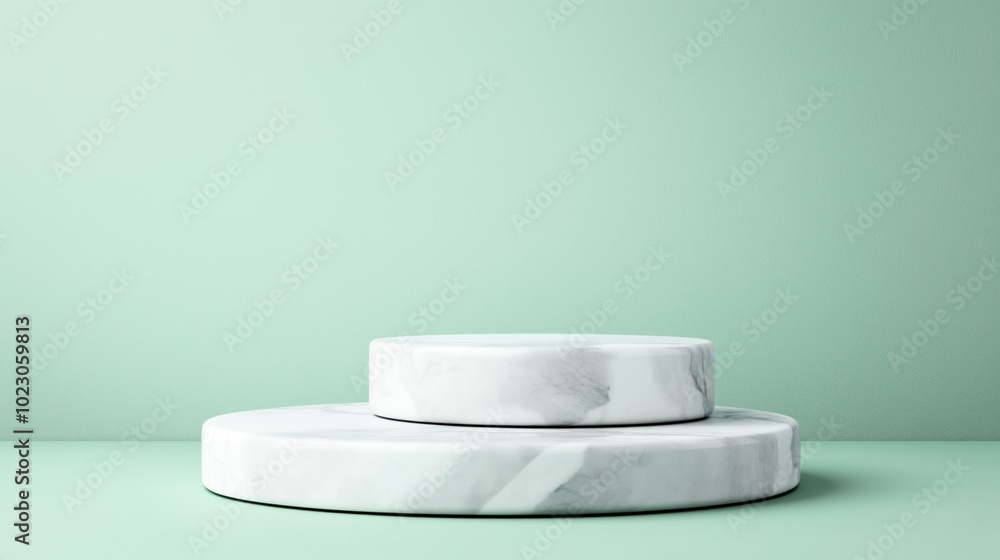 Minimalist abstract scene with two stacked marble podiums on a mint green background, perfect for product display or showcasing items in a modern and elegant setting. Minimalist abstract scene with two stacked marble podiums on a mint green background, perfect for product display or showcasing items in a modern and elegant setting.