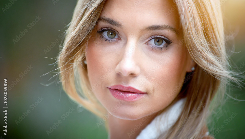 Close-up portrait of a woman with striking blue eyes and soft hair in a natural outdoor setting during golden hour Close-up portrait of a woman with striking blue eyes and soft hair in a natural outdoor setting during golden hour