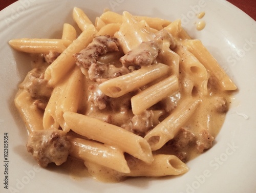 Obraz na płótnie short pasta with sausage and cheese sauce. Italian cuisine w salonie