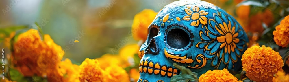 Colorful sugar skull surrounded by vibrant marigold flowers, symbolizing the Day of the Dead celebration and honoring loved ones. Colorful sugar skull surrounded by vibrant marigold flowers, symbolizing the Day of the Dead celebration and honoring loved ones.