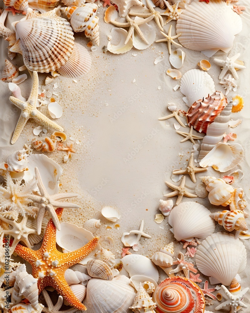 Fototapeta premium Seashell and Coral Ocean Themed Border Frame on Sandy Beach Background