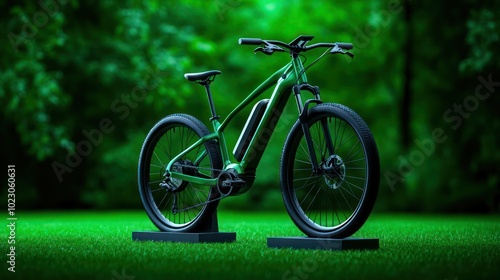 A modern electric bike showcasing advanced design and technology in a lush green setting