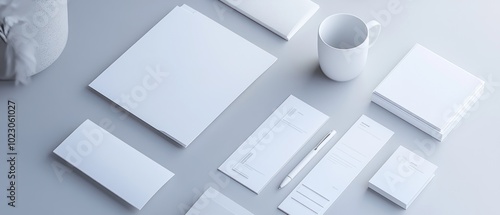 Blank Stationery Mockup with a Mug on a Grey Surface