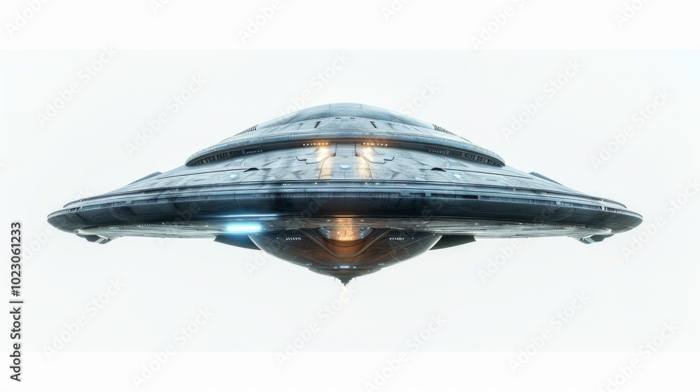 A dark flying saucer with bright light beneath, smaller lights, and mysterious details on a metallic surface, against a white background. A dark flying saucer with bright light beneath, smaller lights, and mysterious details on a metallic surface, against a white background.