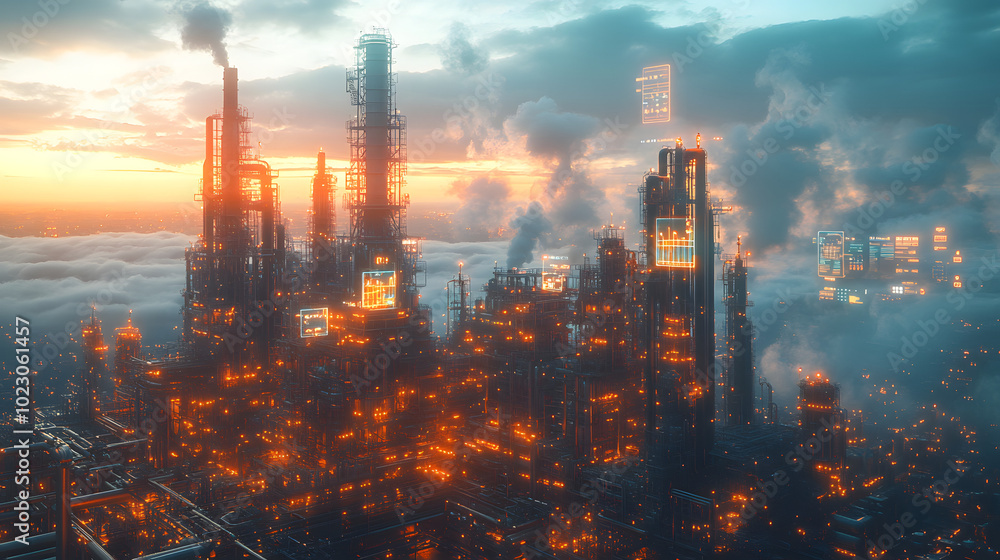 3D Rendering of Industrial Cloud Technology. A detailed 3D illustration showcasing advanced industrial cloud technology, with interconnected devices and data streams represented in a sleek, modern sty 3D Rendering of Industrial Cloud Technology. A detailed 3D illustration showcasing advanced industrial cloud technology, with interconnected devices and data streams represented in a sleek, modern sty
