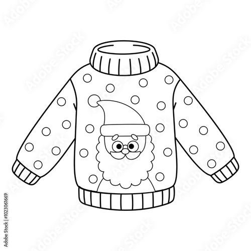 Isolated outline Christmas ugly sweater with picture Santa Claus. Contour cartoon festive New Year jumper. Coloring page. Black and white vector illustration of traditional clothes for Xmas party.