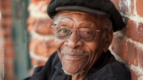 Elderly man in black hat and glasses smiles, dressed in black with pen in pocket, outdoors by red brick wall. Warmth and honesty in setting.