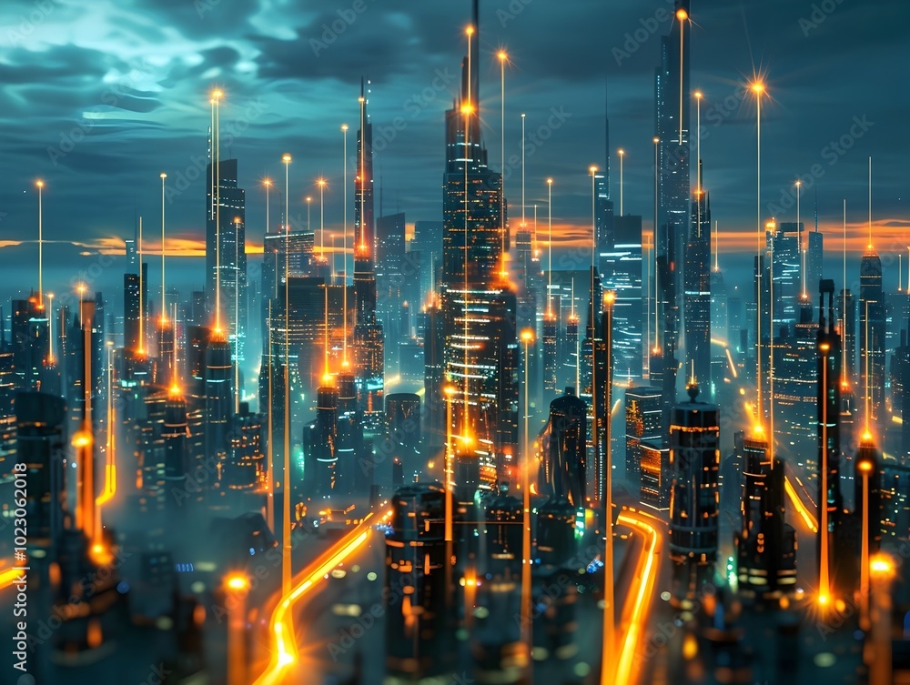 Fototapeta premium Futuristic Cityscape with Glowing Energy Lines Pulsing Through Illuminated Metropolis