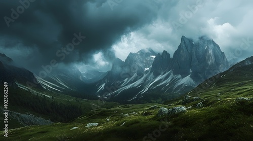 Dramatic Clouds Over Mountain Peaks And Lush Green Valley