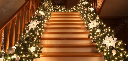 Elegant stairway adorned with Christmas garlands and white lights