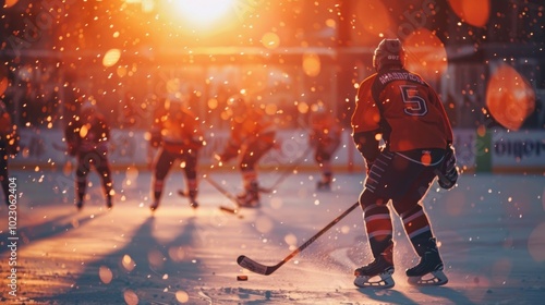 A stunning sunset backdrop with ice hockey players in action on a snowy rink. The light enhances the thrill of the game.