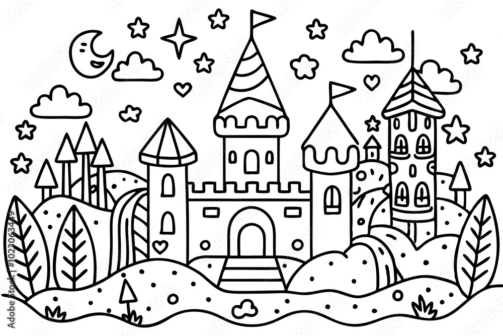 Fototapeta premium Enchanted Castle Coloring Page with Night Sky Elements