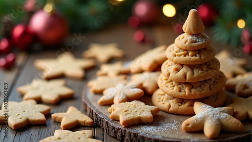 Christmas cookies arranged in the shape of a tree on a wooden table with holiday décor.