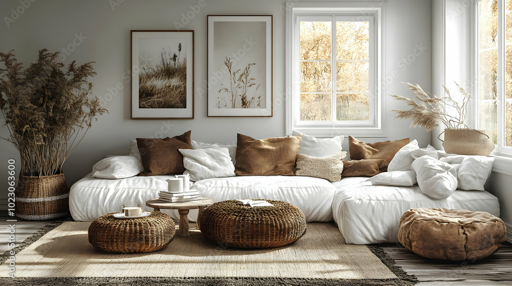 Cozy living room with natural decor and earthy tones. Cozy living room with natural decor and earthy tones.