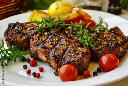 fresh peppered lamb grill steak on a white plate - generative ai