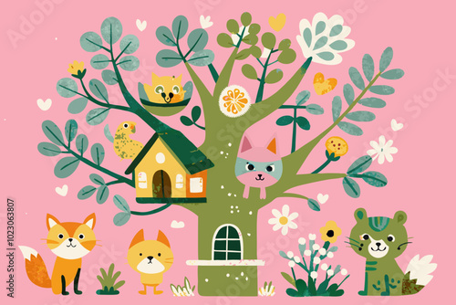 Whimsical Animal Friends in a Colorful Fantasy Tree Illustration