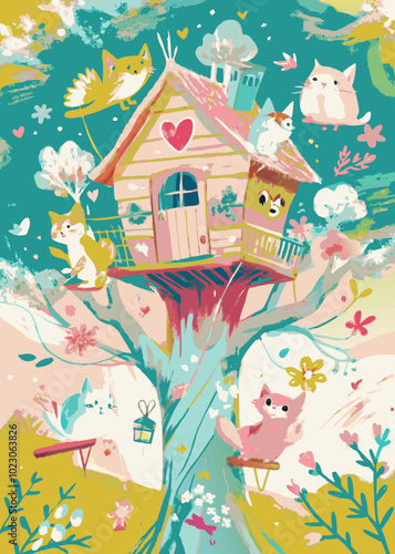 Whimsical Treehouse Fantasy with Playful Cats Among Blossoms