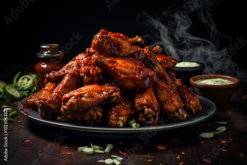 Plate of spicy BBQ chicken wings with dipping sauce