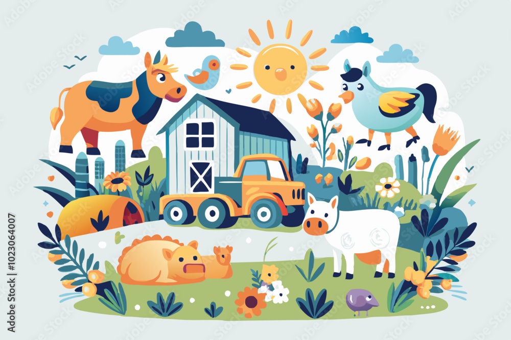 Naklejka premium Vibrant Farm Scene with Cartoon Animals and Tractor Illustration