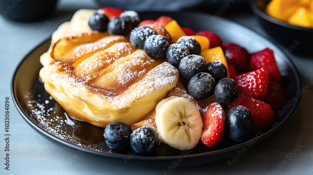 Fluffy pancakes topped with powdered sugar, blueberries, banana slices, strawberries, and peach slices on a dark plate Fluffy pancakes topped with powdered sugar, blueberries, banana slices, strawberries, and peach slices on a dark plate
