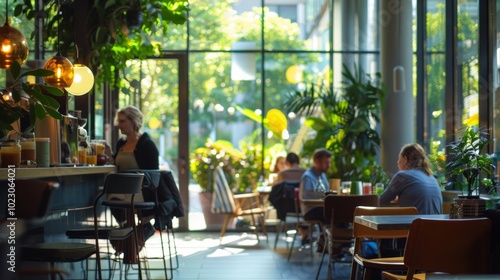 Bright and Inviting Café with Green Plants and People Enjoying Their Time Together